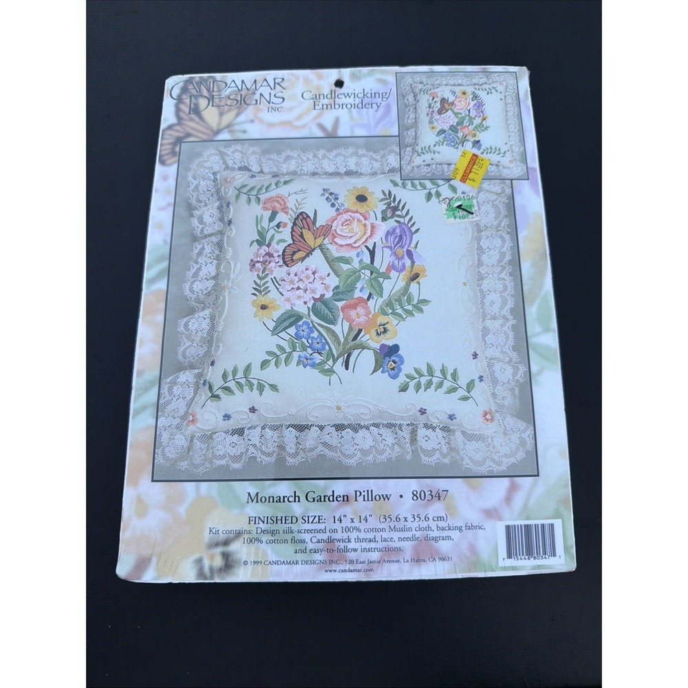 Candamar Designs Candlewicking Embroidery Monarch Garden Pillow 80347 Vtg 1999